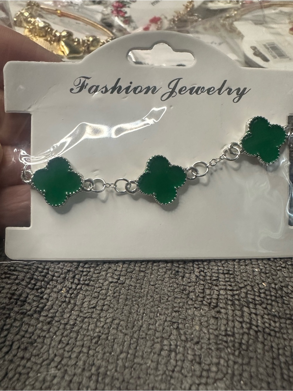 Fashion Jewelry Silver-Tone Bracelet with Green Clover Charms